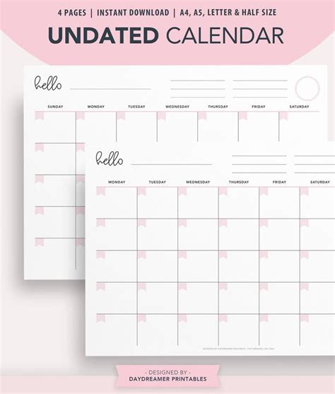 Printable Calendar Undated Desk Calendar Wall Calendar Etsy Australia