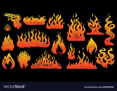 Flame And Fire Set In Vintage Style Hand Drawn Vector Image