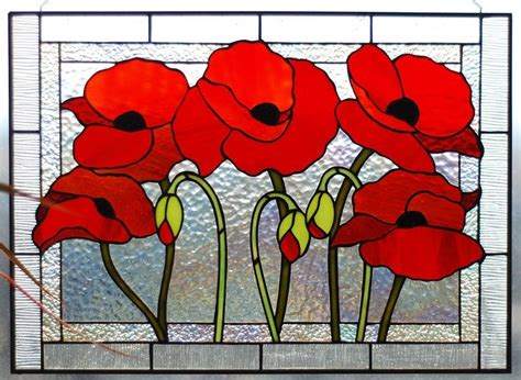 Stained Glass Panel Poppies Stained Glass Window Hanging Red Poppy Flower Stained Glass