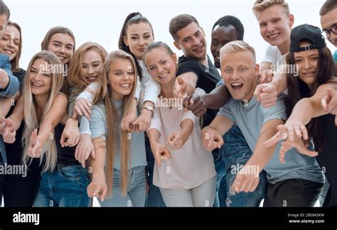 Group Of Young People Together Pointing At Something Stock Photo Alamy