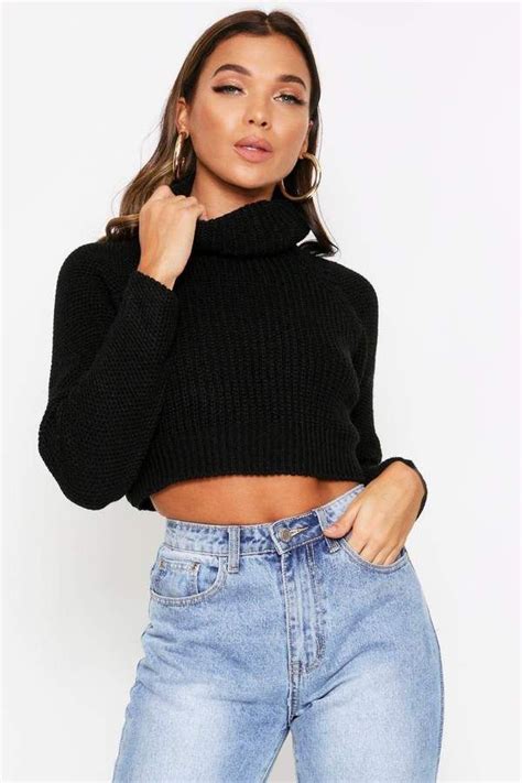 Boohoo Roll Neck Crop Knitted Sweater Knitting Women Sweater Cropped
