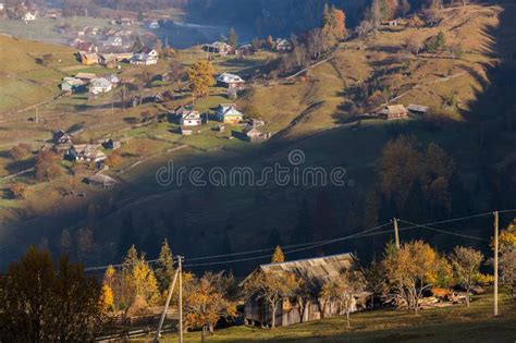 901 Colorful Autumn Landscape Mountain Village Foggy Morning Stock
