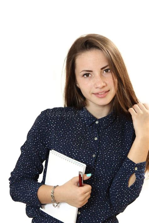 Teenager Girl With A Notebook And The Pen In Hands Stock Photo Image