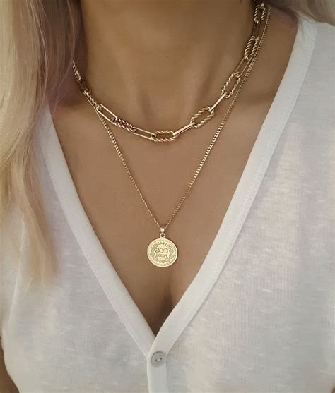 Gold Layered Necklace Set Chunky Gold Link Chain Necklace Etsy