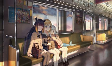 Wallpaper Anime Girls Sleeping Train Schoolgirl 5120x3015