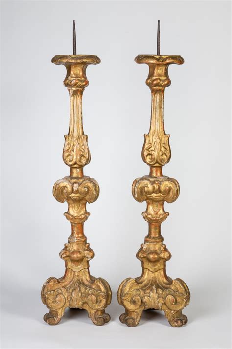 Lot Italian Pair Of Large Carved Wood Gilt Candlesticks 18th Century