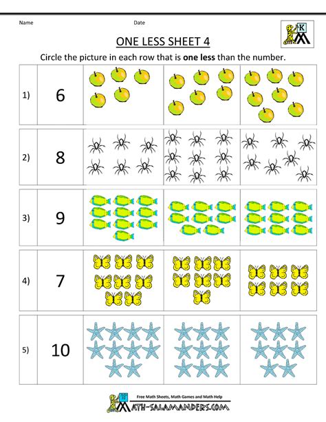 Kindergarten printable worksheets for practice. Kindergarten Math Printable Worksheets - One Less