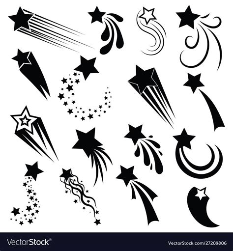 Set Of Shooting Stars Collection Of Stylized Stars Silhouette Black And White Illustration Of