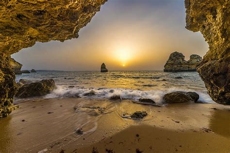 Hd Wallpaper Boulder And Body Of Water Portugal Cave Beach Rock