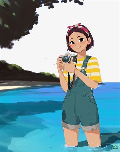 Girl Holding A Camera Camera Girl Seaside Background
