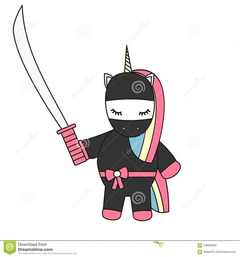 Cute Cartoon Vector Ninja Unicorn With Sword Stock Vector