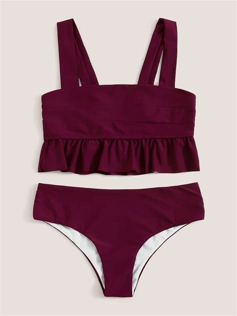 Purple Squared Ruffle Cami Top Swimsuit With Bikini Bottom Bikinis