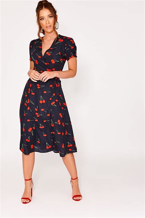 Navy Cherry Print Wrap Front Midi Dress In The Style Ireland