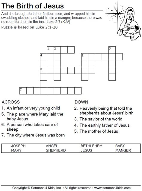 The Birth Of Jesus Crossword Puzzle Bible Activities For Kids