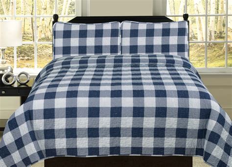 Fullqueen Buffalo Check Plaid Stripe Checkered Quilt Bedding Set Navy