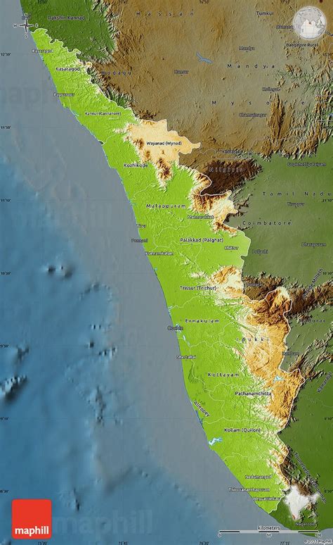 Physical Map Of Kerala Darken Physical Map Tourist Map Kerala