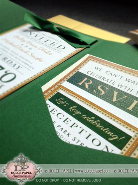 Our affordable wedding invites are fully customizable for your special day. Emerald Green, Ivory and Gold Metallic Elegant Pocket Wedding Invitations Set 5x7 Thi… | Trendy ...