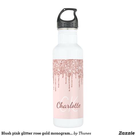 Blush Pink Glitter Rose Gold Monogram Name Stainless Steel Water Bottle