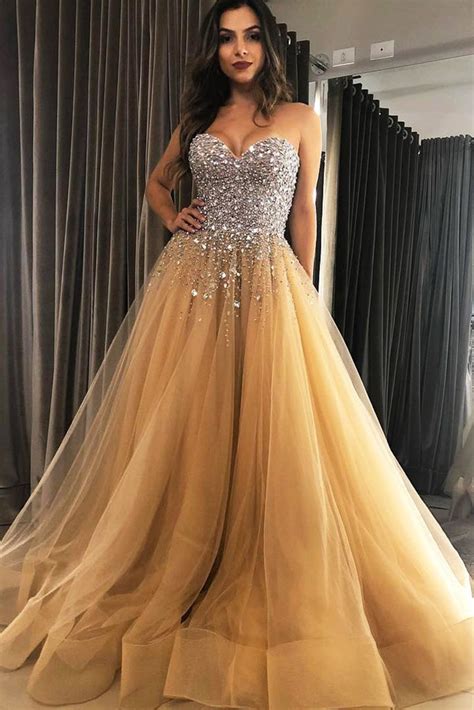 Sweetheart Neck Sequins Beaded Champagne Long Prom Dress Sequins Cham