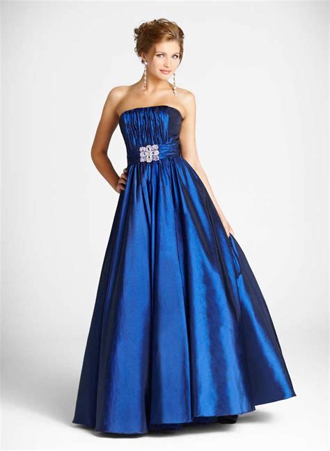 Blue Strapless Floor Length A Line Taffeta Prom Dress With Jewel And Ruches