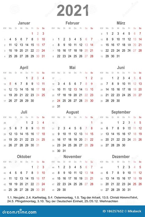 Calendario Simple 2021 Con Días Festivos Para Alemania Ilustración Del