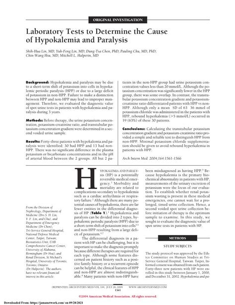 Laboratory Tests To Determine The Cause Of Hypokalemia And Paralysis