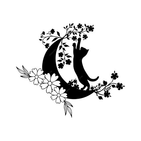 Premium Vector A Black Cat On A Moon With Flowers On It