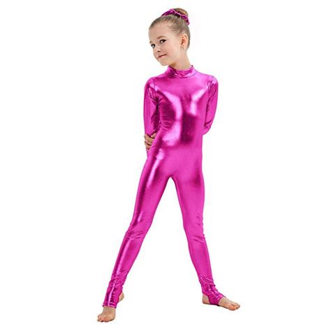 Aoylisey Kids Long Sleeve Metallic Unitards Stirrups Dance Gymnastics