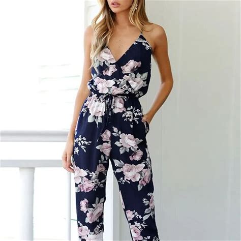 Loose Floral Jumpsuit New 2018 V Neck Backless Plus Size Jumpsuits