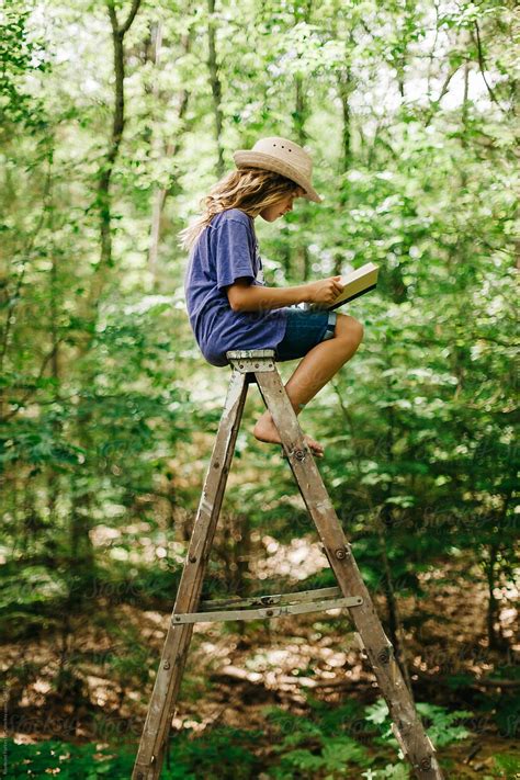 Summer Reading Calm Nature Forest Reading A Book Barefoot On Ladder