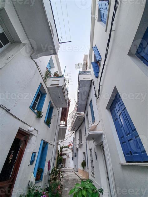 Charming Traditional Narrow Streets Of Greek Islands Skopelos Town On