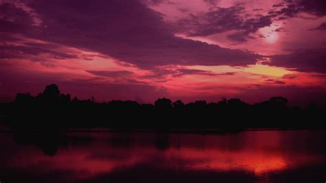 Download Wallpaper 1920x1080 Twilight Lake Trees Sunset Sky Purple