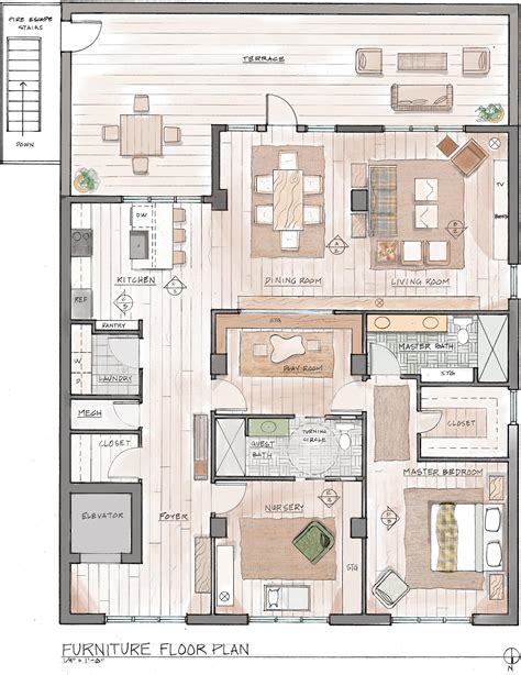 Furniture Floor Plan Hand Draft And Render Interiordesign