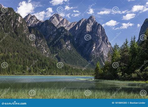 Lake Toblach With Turquoise Water And Mountains Of The Dolomite Alps