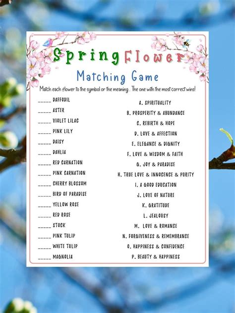 Spring Flower Matching Printable Game Fun Spring Party Games Spring