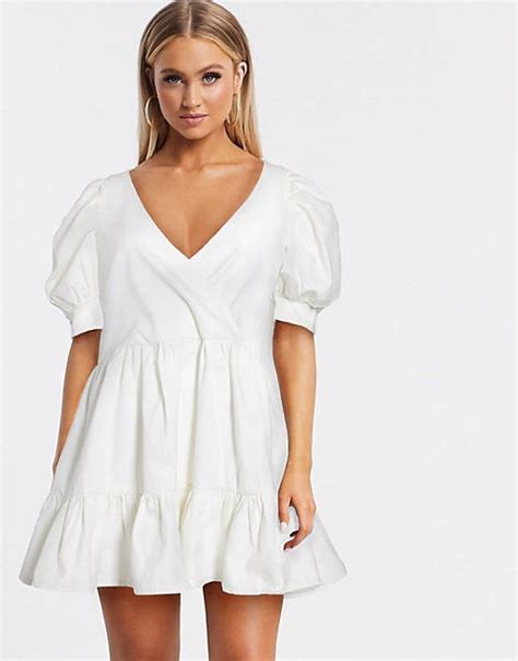 Asos Design Denim Puff Sleeve Oversized Smock Dress In White Asos