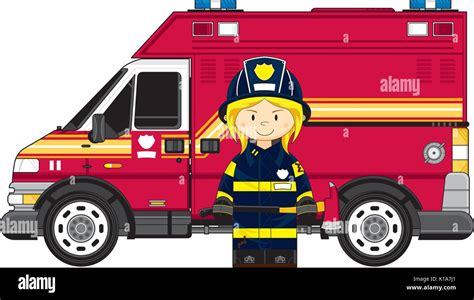 Cute Cartoon Fireman Firefighter Fire Truck Vector Illustration Stock