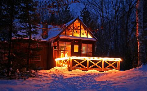House Winter Snow Lights Forest Wallpaper And Background