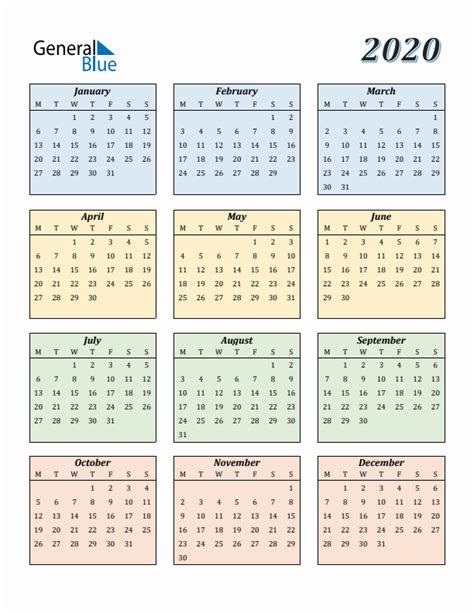2020 Yearly Calendar Templates With Monday Start