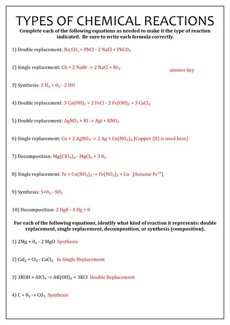 16 Best Images Of Types Chemical Reactions Worksheets Answers Types