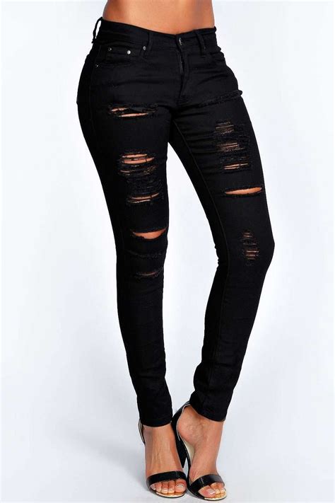 Low Rise Heavy Ripped Skinny Jeans Boohoo Black Ripped Jeans Womens Ripped Jeans Ripped