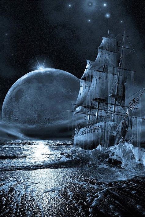 3d Iphone Wallpapers Clipper Ship And Moon Black Night Ghost Ship