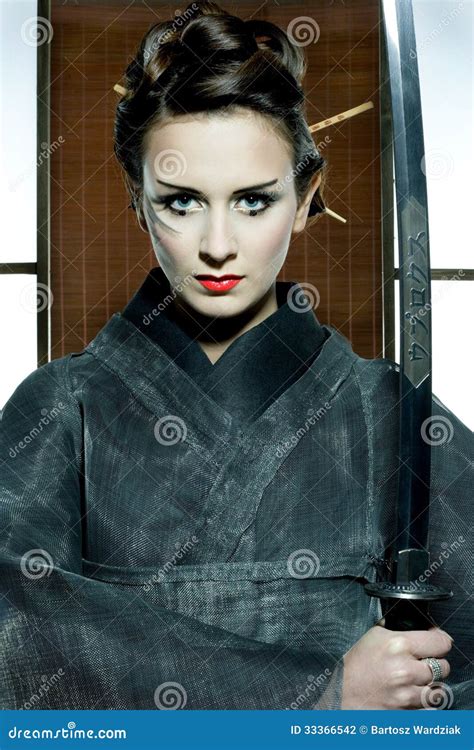 Beautiful Japanese Kimono Woman With Samurai Sword Stock Photo Image