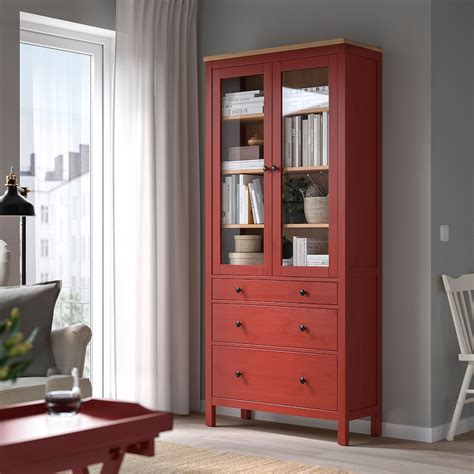 Hemnes Glass Door Cabinet With 3 Drawers Red Stainedlight Brown
