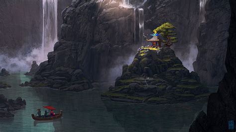 🔥fantasy Landscape Waterfall Underground Boat Asian Temple Fantasy Hd