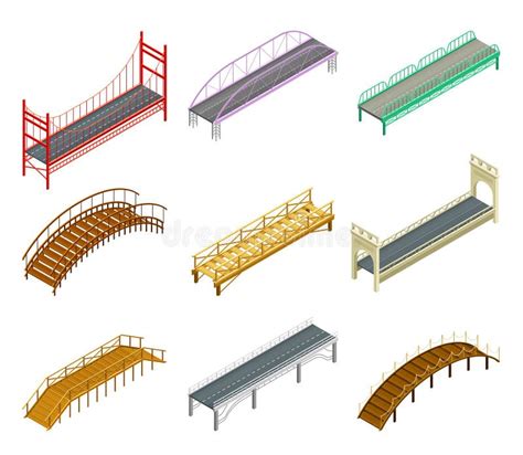 Fixed Bridges Made Of Wood Or Metal With Beam And Arch Bridge Isometric Vector Set Stock Vector