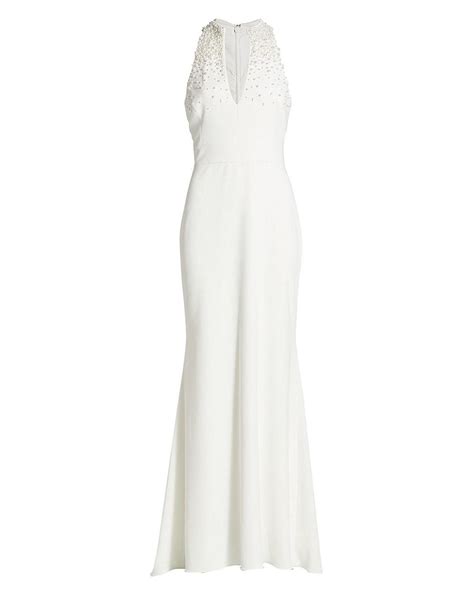 Badgley Mischka Faux Pearl Embellished Crepe Gown In White Lyst