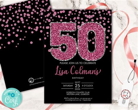 Diy 50th Birthday Confetti Invitation Printable Template Black Pink