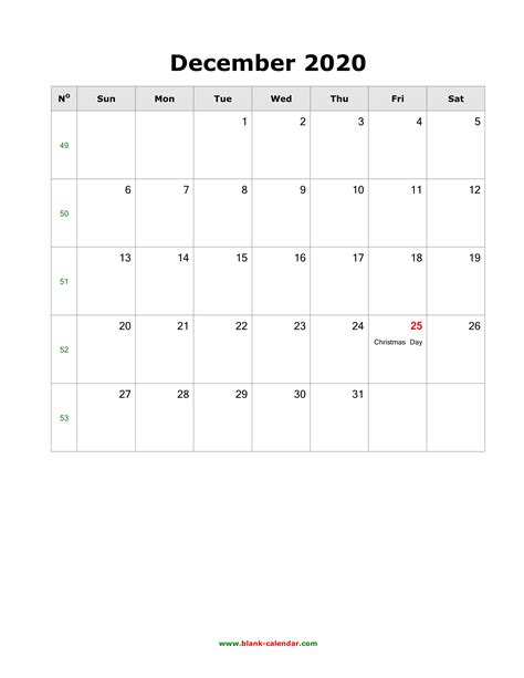 Download December 2020 Blank Calendar With Us Holidays Vertical