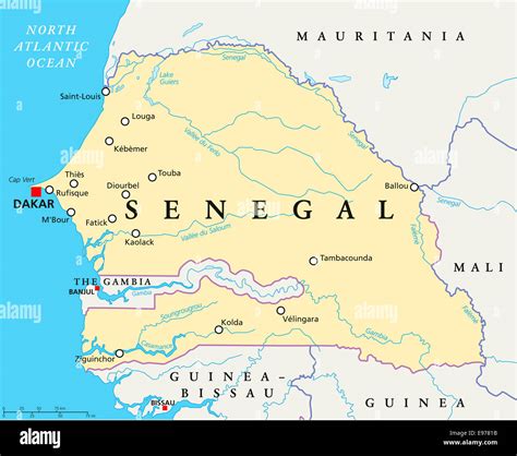 Senegal Politische Karte Mit Hauptstadt Dakar Landesgrenzen Wichtige Städte Flüsse Und Seen